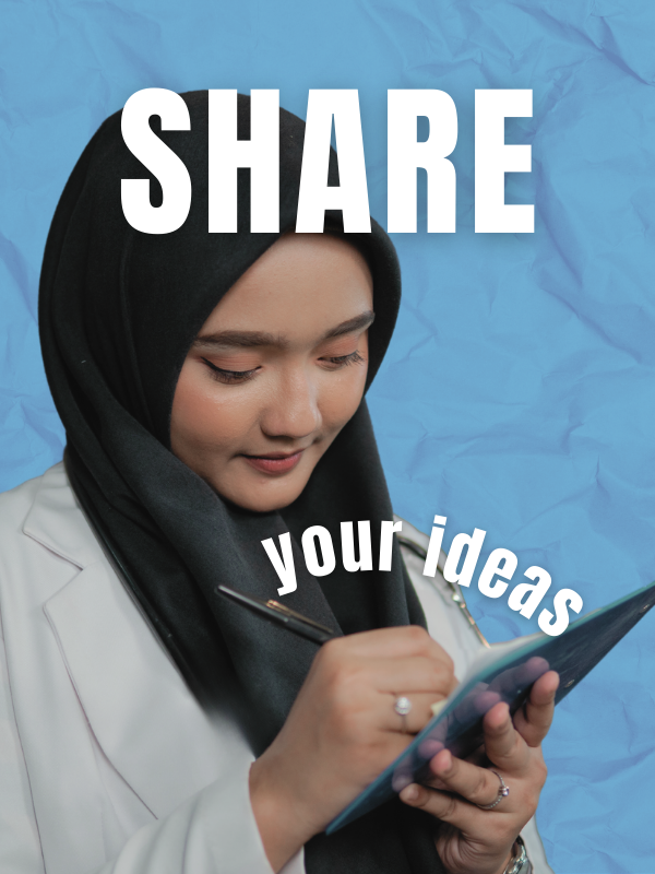 Photo of a young asian woman wearing a headscarf and taking notes. White text on a blue background resembling crumpled paper. Text: share your ideas. 