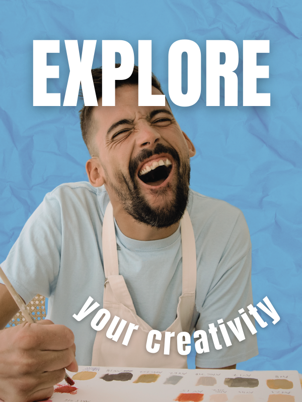 Photo of a young man smiling while painting. The man has a visible disability affecting his motor skills. White text on a blue background resembling crumpled paper. Text: explore your creativity. 